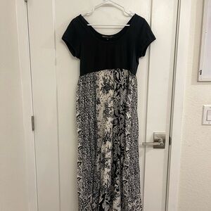 Vintage Y2K Cottagecore Boho Babydoll Black White Print Empire-Waist Maxi Dress